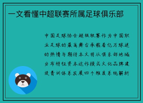 一文看懂中超联赛所属足球俱乐部